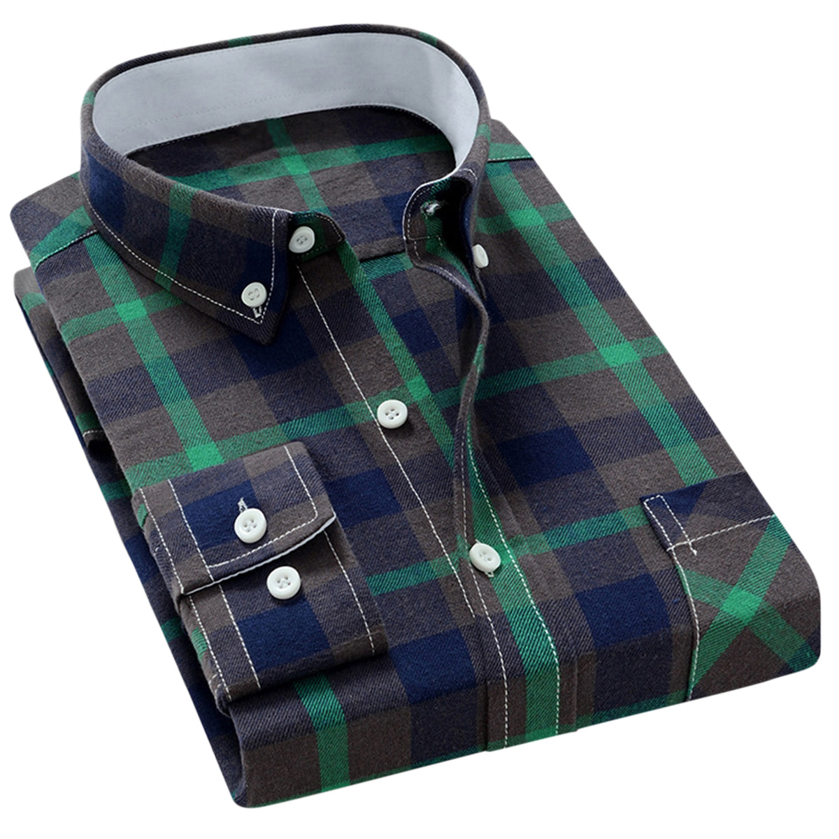 Men's Plaid Pointed Collar Long Sleeve Shirt Dark Green