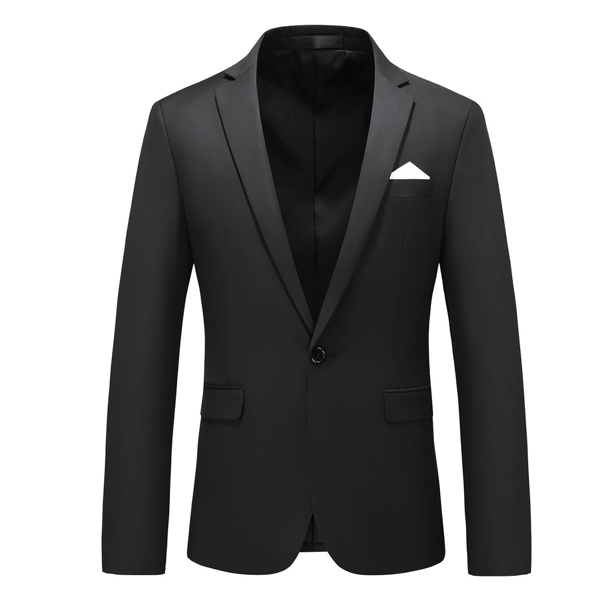 Black # Men's one-button casual blazer with flat collar and single-breasted closure, stylish black sport coat jacket with premium polyester viscose blend fabric and eco-friendly buttons for business, office, wedding and daily wear, isolated on white background.