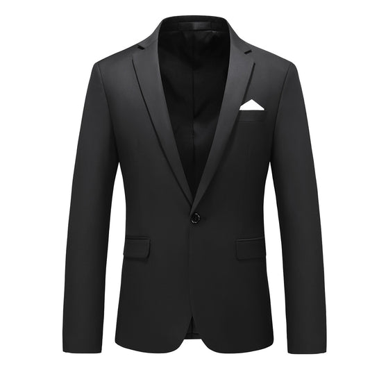 Black # Men's one-button casual blazer with flat collar and single-breasted closure, stylish black sport coat jacket with premium polyester viscose blend fabric and eco-friendly buttons for business, office, wedding and daily wear, isolated on white background.