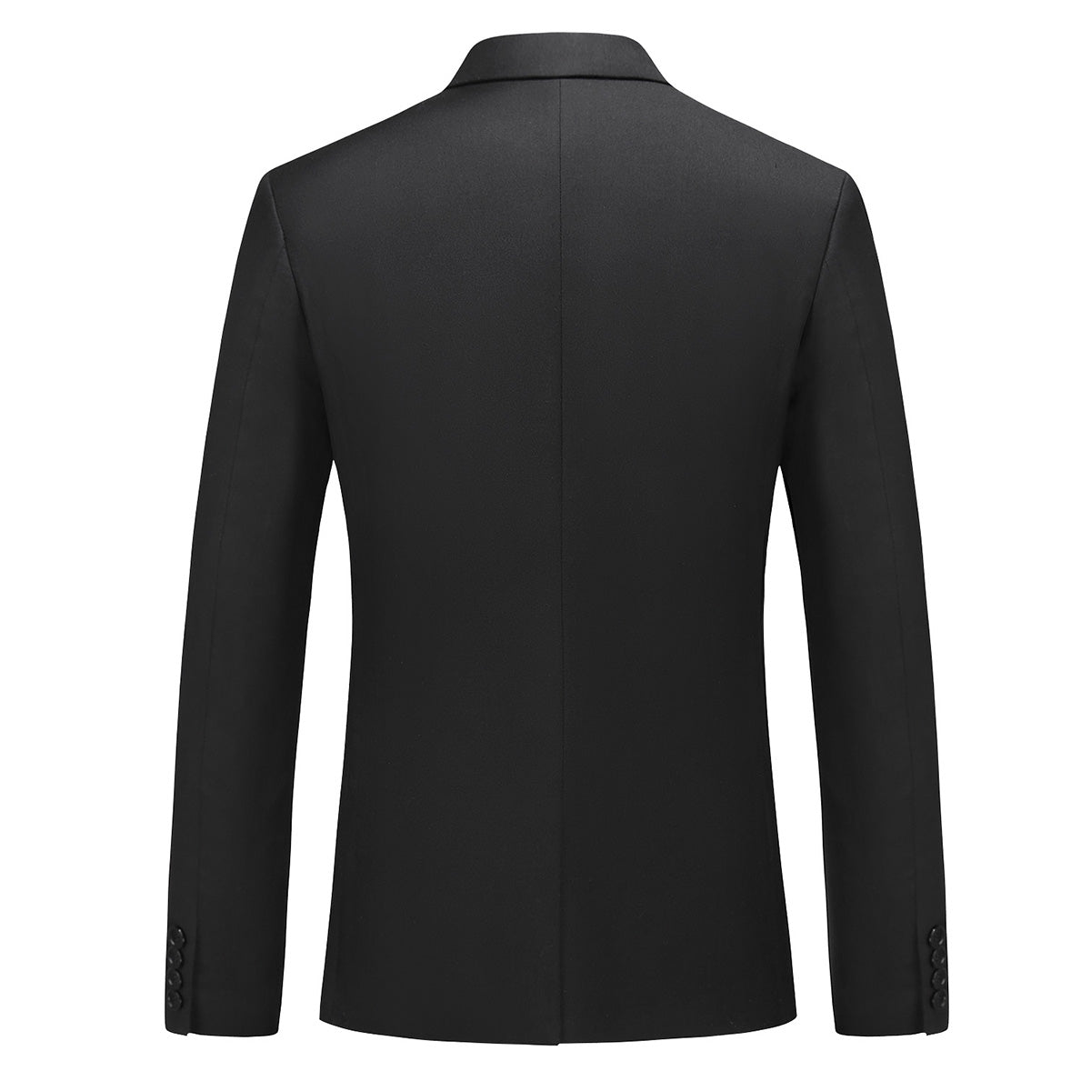 Black # Men's one-button casual blazer with flat collar and single-breasted closure, stylish black sport coat jacket with premium polyester viscose blend fabric and eco-friendly buttons for business, office, wedding and daily wear, isolated on white background.