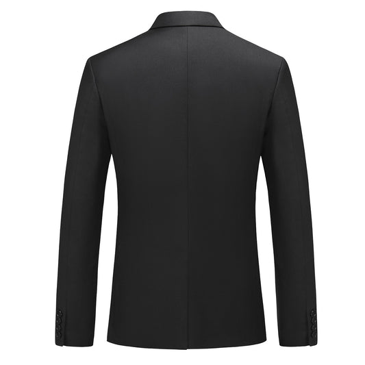 Black # Men's one-button casual blazer with flat collar and single-breasted closure, stylish black sport coat jacket with premium polyester viscose blend fabric and eco-friendly buttons for business, office, wedding and daily wear, isolated on white background.