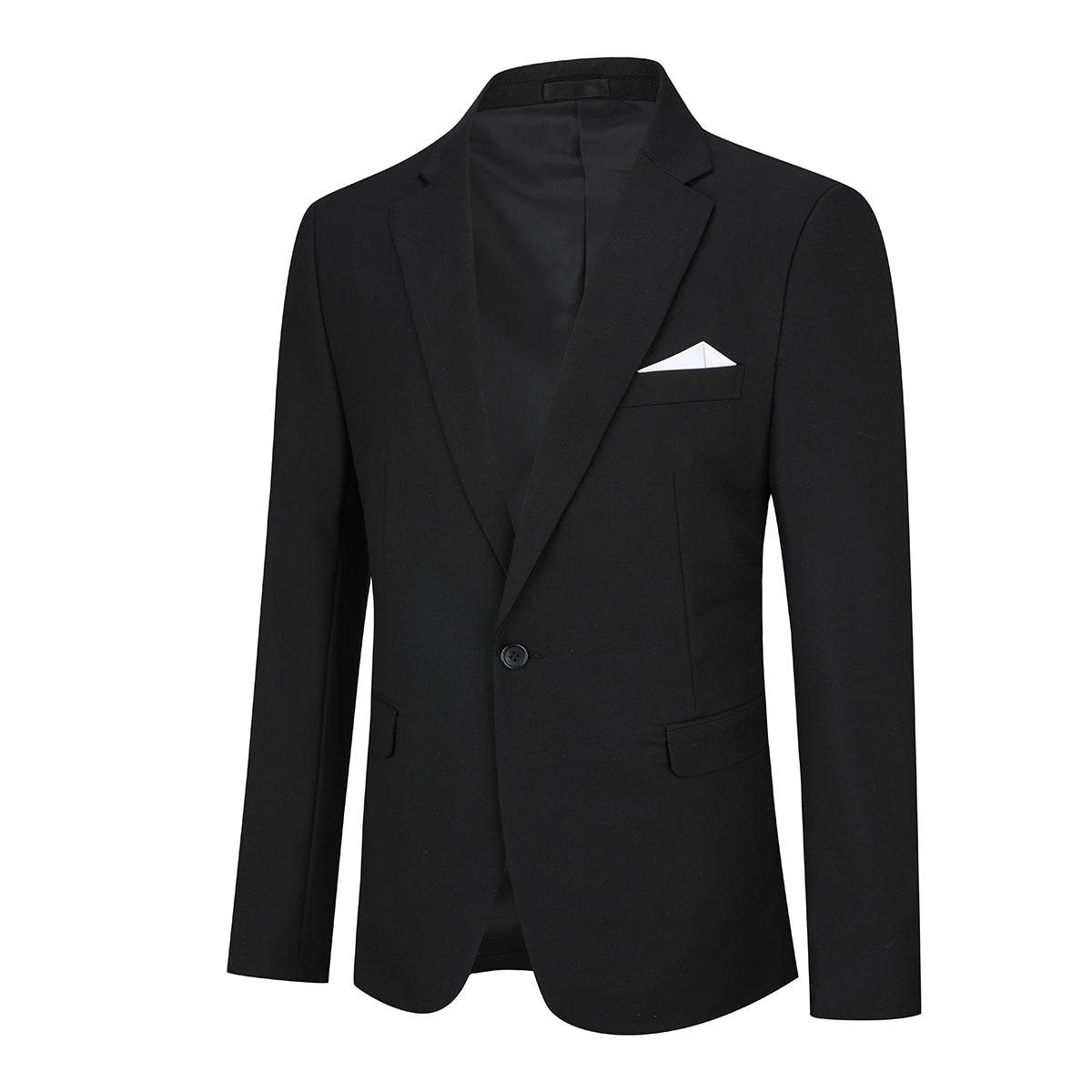 Black # Men's one-button casual blazer with flat collar and single-breasted closure, stylish black sport coat jacket with premium polyester viscose blend fabric and eco-friendly buttons for business, office, wedding and daily wear, isolated on white background.