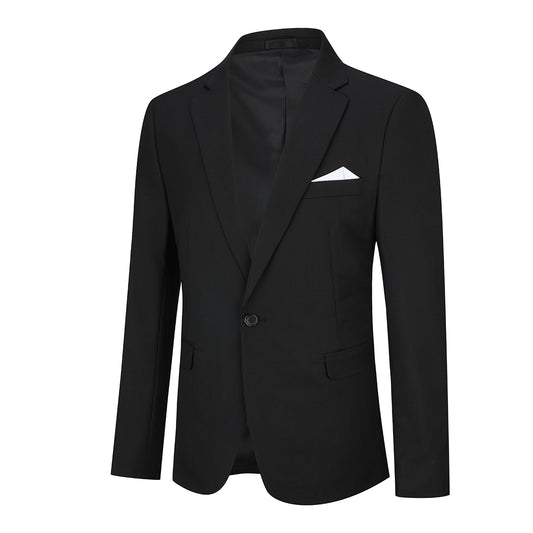 Black # Men's one-button casual blazer with flat collar and single-breasted closure, stylish black sport coat jacket with premium polyester viscose blend fabric and eco-friendly buttons for business, office, wedding and daily wear, isolated on white background.
