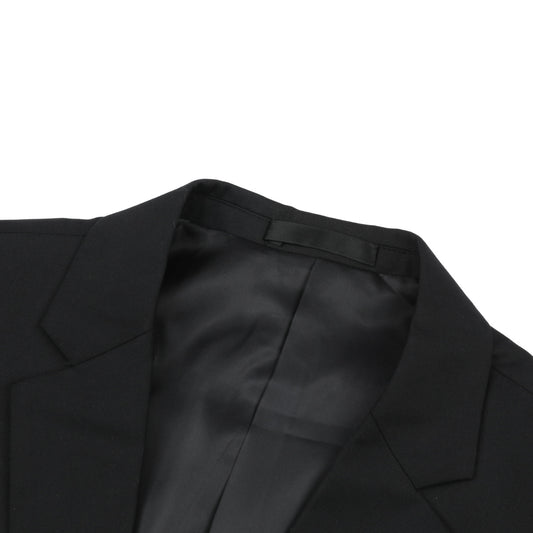 Black # Men's one-button casual blazer with flat collar and single-breasted closure, stylish black sport coat jacket with premium polyester viscose blend fabric and eco-friendly buttons for business, office, wedding and daily wear, isolated on white background.