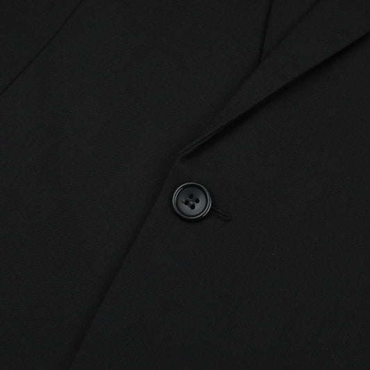 Black # Men's one-button casual blazer with flat collar and single-breasted closure, stylish black sport coat jacket with premium polyester viscose blend fabric and eco-friendly buttons for business, office, wedding and daily wear, isolated on white background.