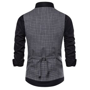 Slim Fit Double Breasted Plaid Grey Vest