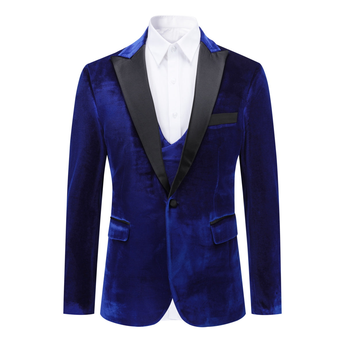 3-Piece Lapel One Button Velvet Tuxedo Suit Dark Blue