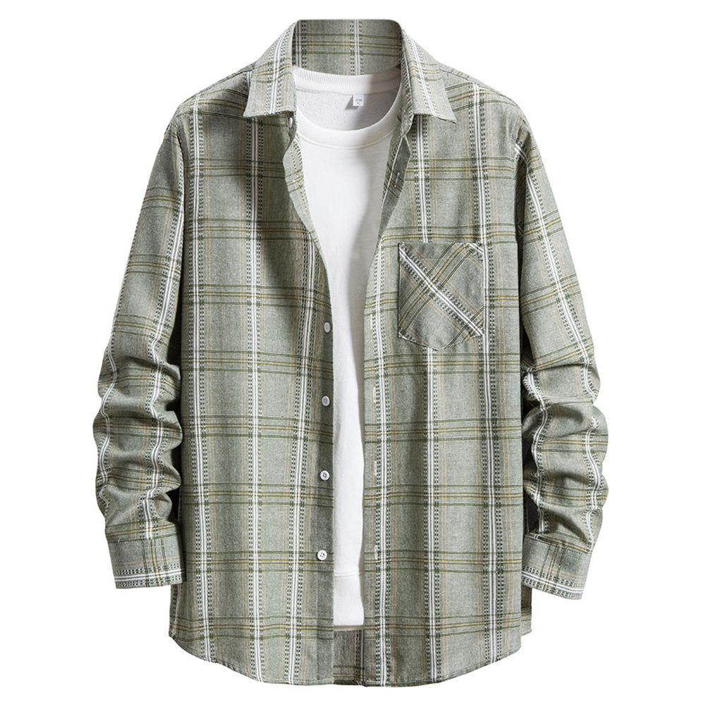 Men's Oversize Loose Cotton Plaid Shirt Green
