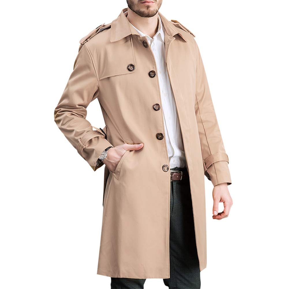 Men's Classic Fit Trench Coat Long Double Breasted Overcoat Outerwear Pea Coat Khaki