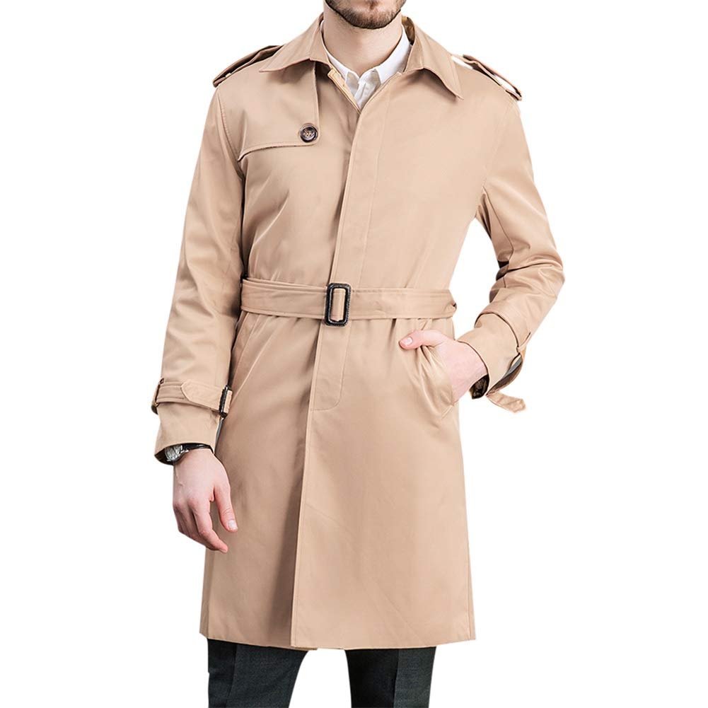 Men's Classic Fit Trench Coat Long Double Breasted Overcoat Outerwear Pea Coat Khaki