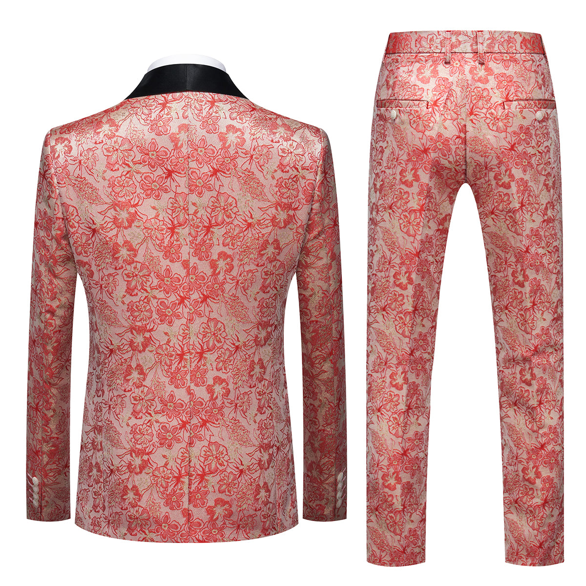 Men's Shawl Collar Print Suit 3-Piece Dress Suit Pink