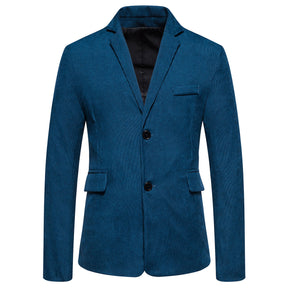 2-Piece Solid Color Two Button Single Breasted Corduroy Suit Blue