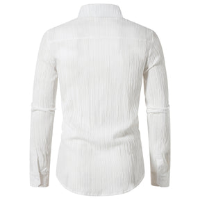 Men's Solid Color Lapel Wavy Long Sleeve Shirt White