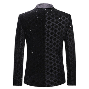 Slim Fit Diamond Check Black Blazer Metal Sequins