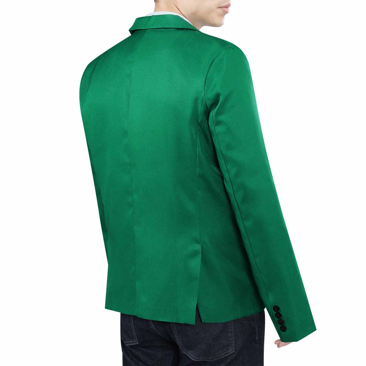 Green # Men's slim fit casual blazer jacket with one-button notched lapel and dual side vents, green tailored-fit sport coat with two front flap pockets and subtle shiny fabric for business, office, wedding and daily wear, isolated on white background.