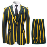 Mens Yellow & Green Striped 3 Piece Suit Slim Fit Tuxedo Blazer Jacket Pants Vest Set