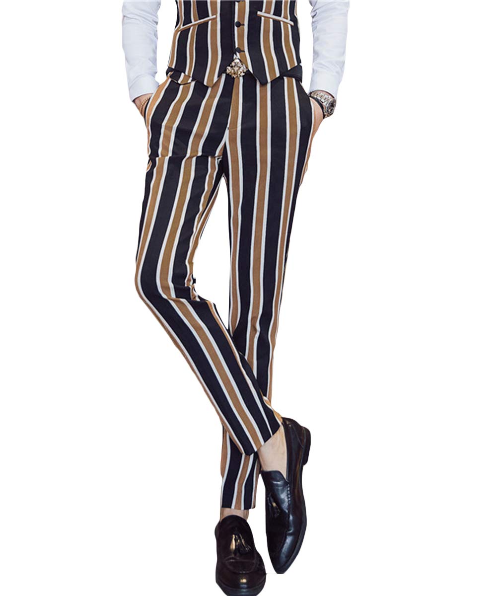 Mens Coffee & Black Striped 3 Piece Suit Slim Fit Tuxedo Blazer Jacket Pants Vest Set