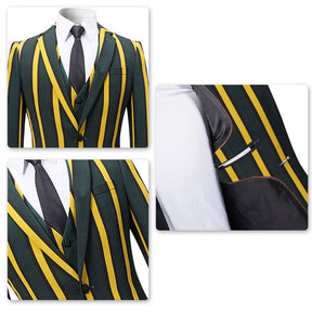 Mens Yellow & Green Striped 3 Piece Suit Slim Fit Tuxedo Blazer Jacket Pants Vest Set