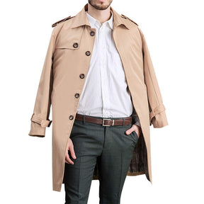 Men's Classic Fit Trench Coat Long Double Breasted Overcoat Outerwear Pea Coat Khaki