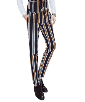 Mens Coffee & Black Striped 3 Piece Suit Slim Fit Tuxedo Blazer Jacket Pants Vest Set