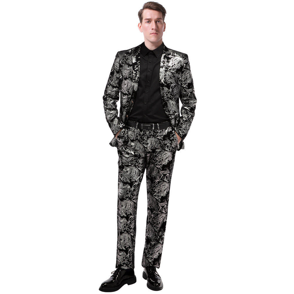 2-Piece Slim Fit Digital Print Silver Suit