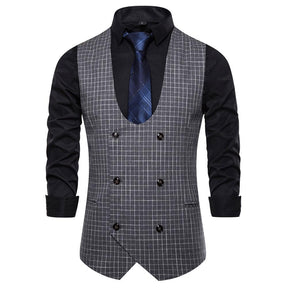 Slim Fit Double Breasted Plaid Grey Vest