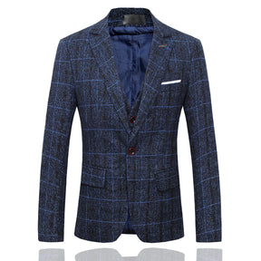 Men's Plaid One Button Wool Suit 3-piece Suit Dark Blue