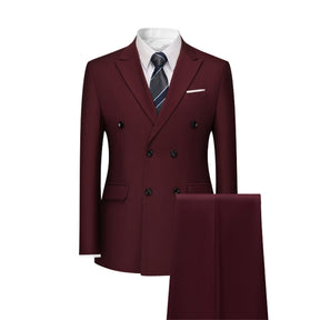Men's Solid Color Double Breasted Business Suit Wine Red