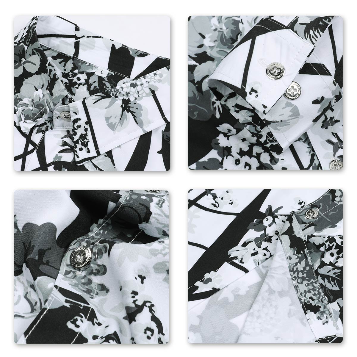Slim Fit White Plum Flower Print Shirt Black