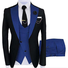 Men's 3-Piece Fashion One Button Color-Blocking Suit Blue