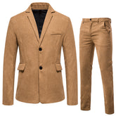 2-Piece Solid Color Two Button Single Breasted Corduroy Suit Khaki