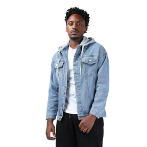 Men's Hooded Single Breasted Denim Jacket Blue