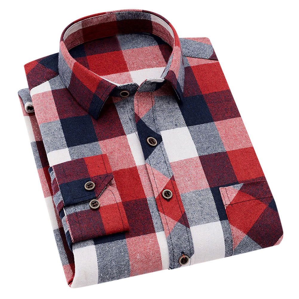 Men's Check Lapel Long Sleeve Shirt Red 3
