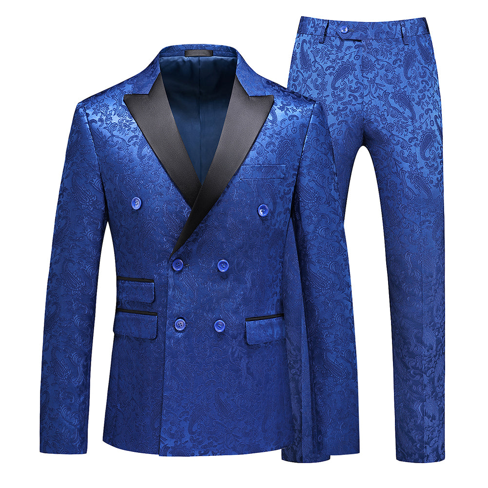 Men's Color Block Print Double Breasted Suit Blue