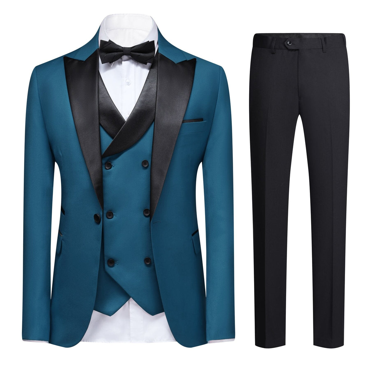 3-piece Men's Solid Color Notched Lapel Back Center Vent Suit Lake Blue