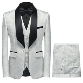 Men's Shawl Collar Print Suit 3-Piece Dress Suit White