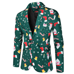 Men's 3-piece Santa Claus Christmas Print Suit Dark Green