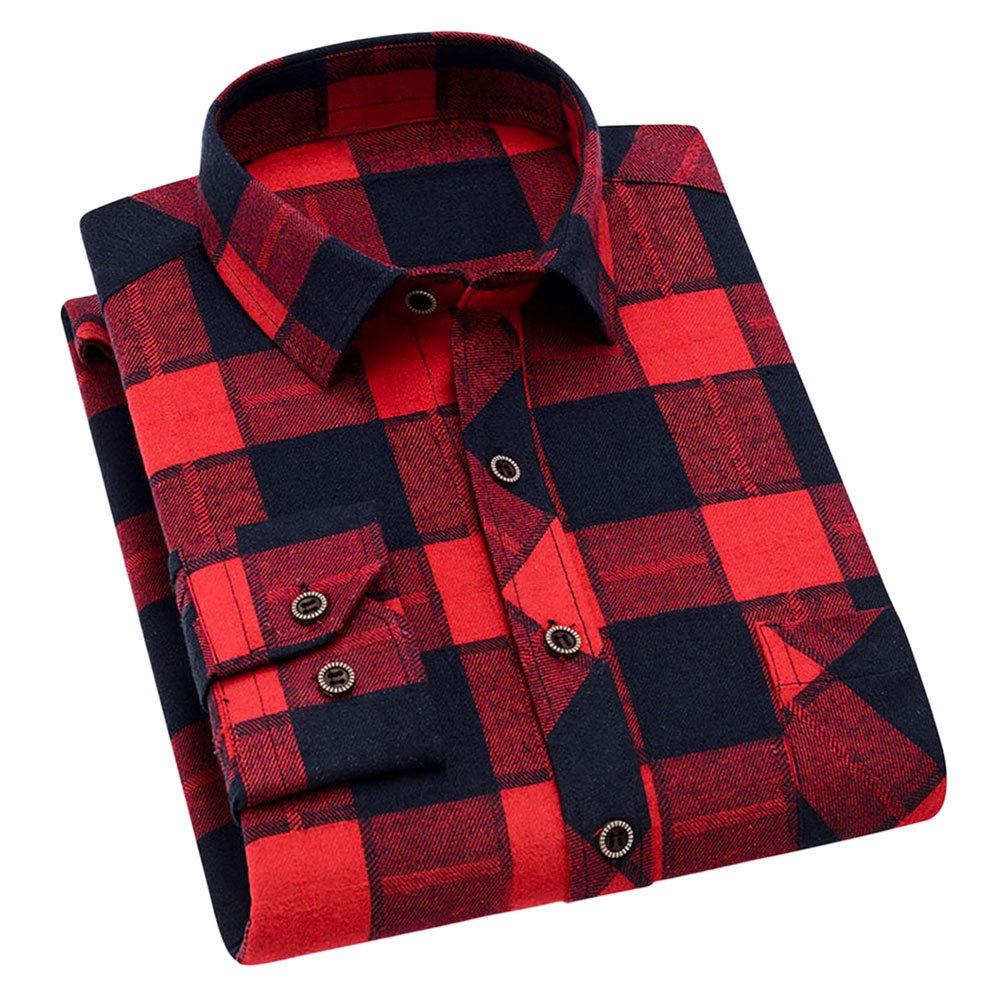 Men's Check Lapel Long Sleeve Shirt Red