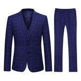Mens 3-Piece Plaid Two Button Suit Slim Fit Dark Blue