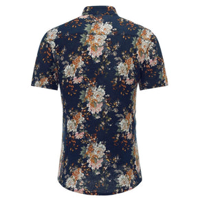 Men's Slim Fit Multicolor Flower Print Short Sleeve Shirt