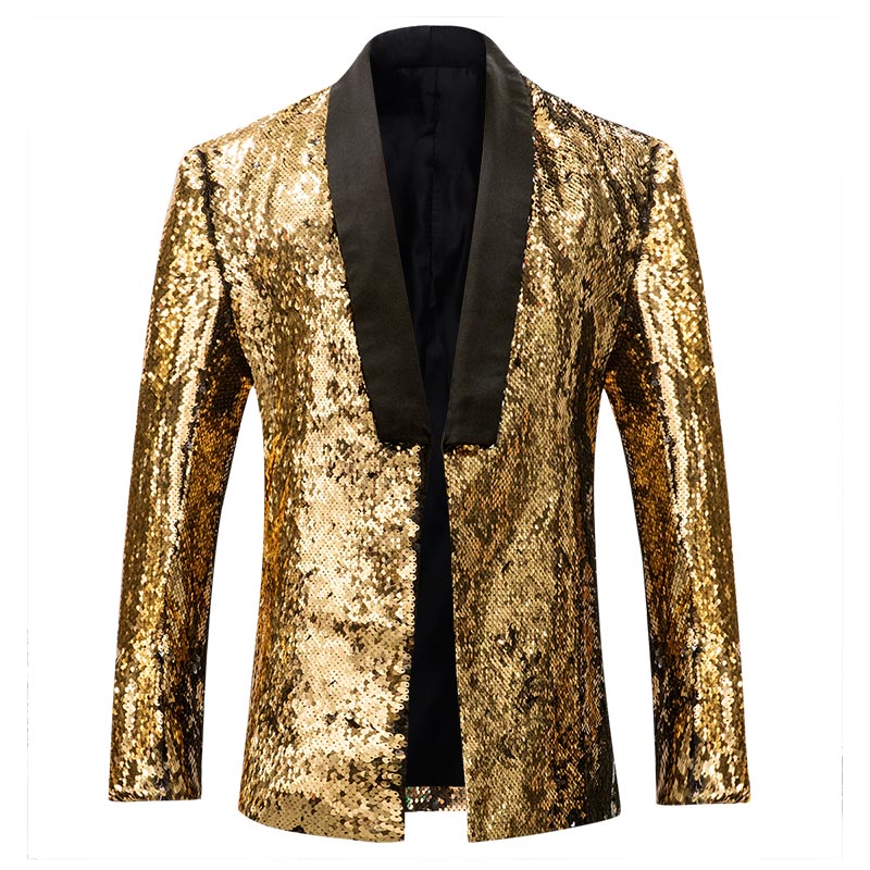 Golden Buttonless Reversible Sequins Satin Collar Blazer