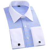 Men's Dress Shirt Slim Fit Button Down Stripe Checked Shirt Blue