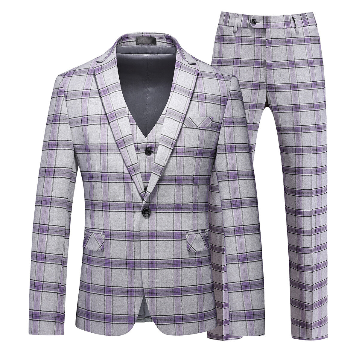 3-Piece Men's Plaid Lapel Collar One Button Suit Purple