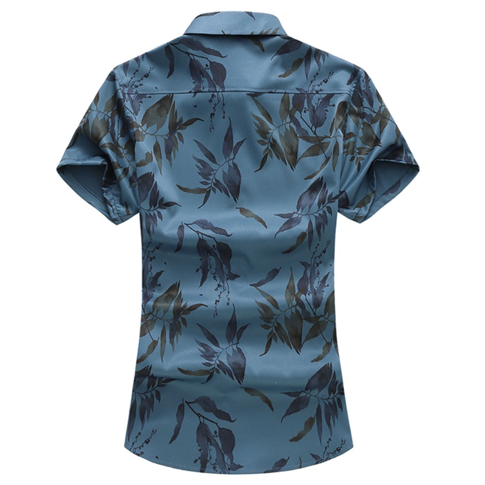 Slim Fit Bamboo Leaves Blooming Shirt DarkBlue