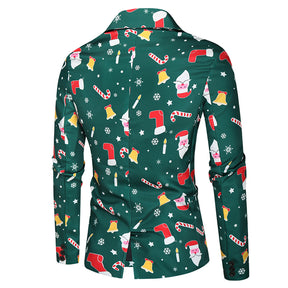 Men's 3-piece Santa Claus Christmas Print Suit Dark Green