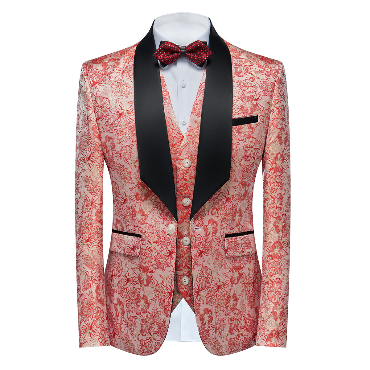 Men's Shawl Collar Print Suit 3-Piece Dress Suit Pink