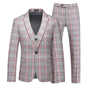 3-Piece Men's Plaid Lapel Collar One Button Suit Pink