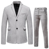 2-Piece Solid Color Two Button Single Breasted Corduroy Suit Grey