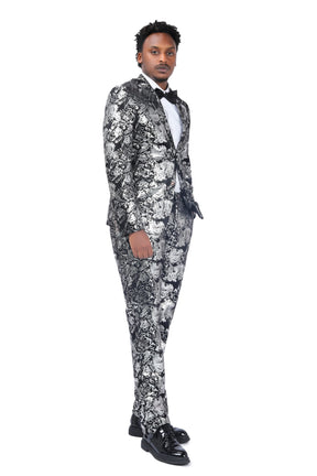 2-Piece Slim Fit Stylish Dress Floral Suit Silver