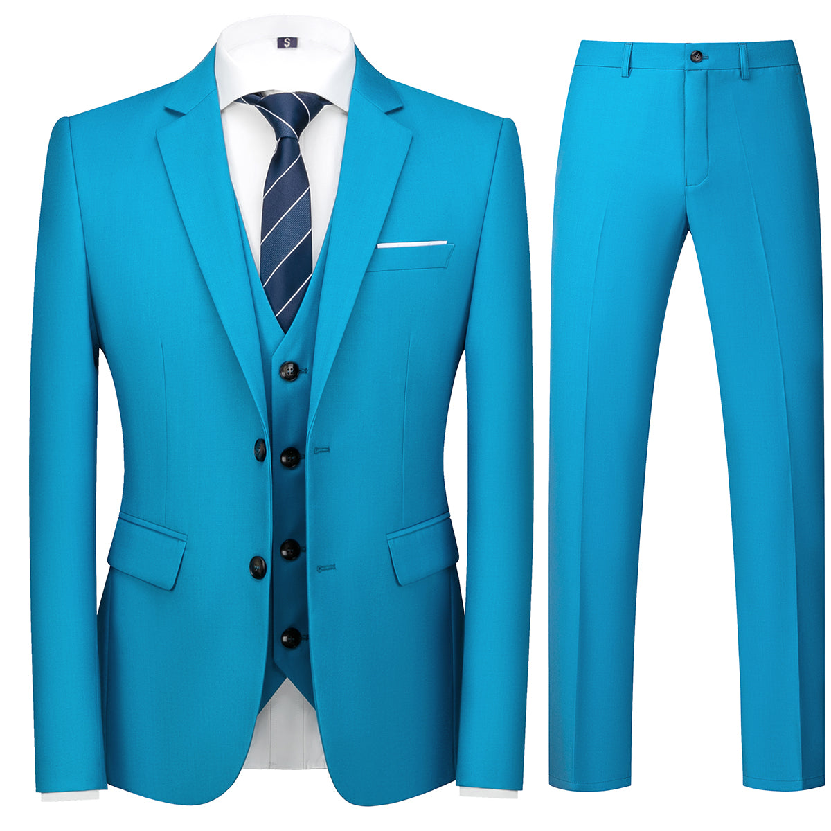 Men's TwoButton Back Slit Lapel Collar 3Piece Suit Sea Blue